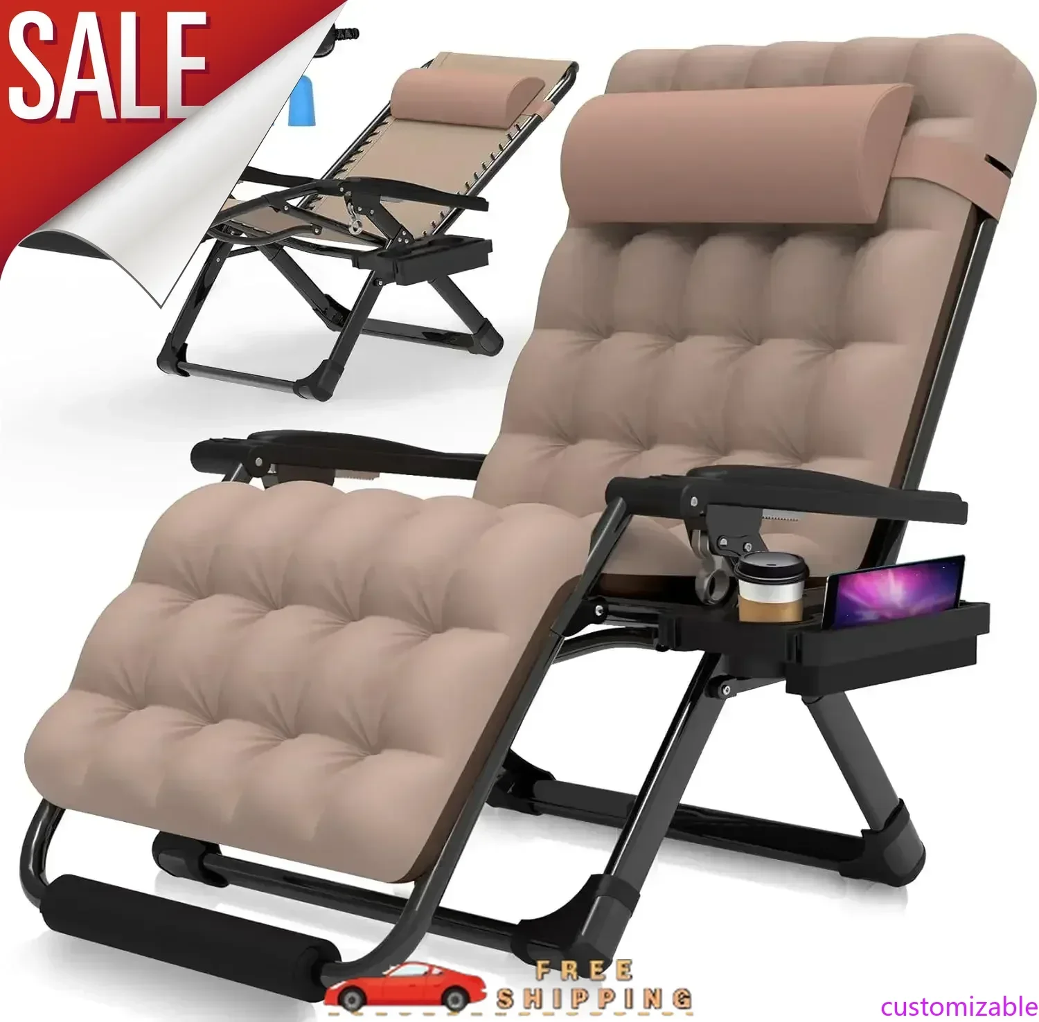 Customizable Oversized Zero Gravity Chair,33In XXL Lounge Chair w/Removable Cushion&Headrest, Reclining Camping Chair w/Upgraded