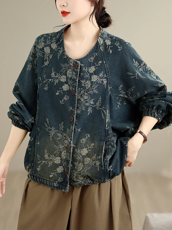 

Retro Floral Embroidery Women's Short Denim Jacket Slimming Loose Fit Spring Autumn Fashionable Shirt Style Casual Top
