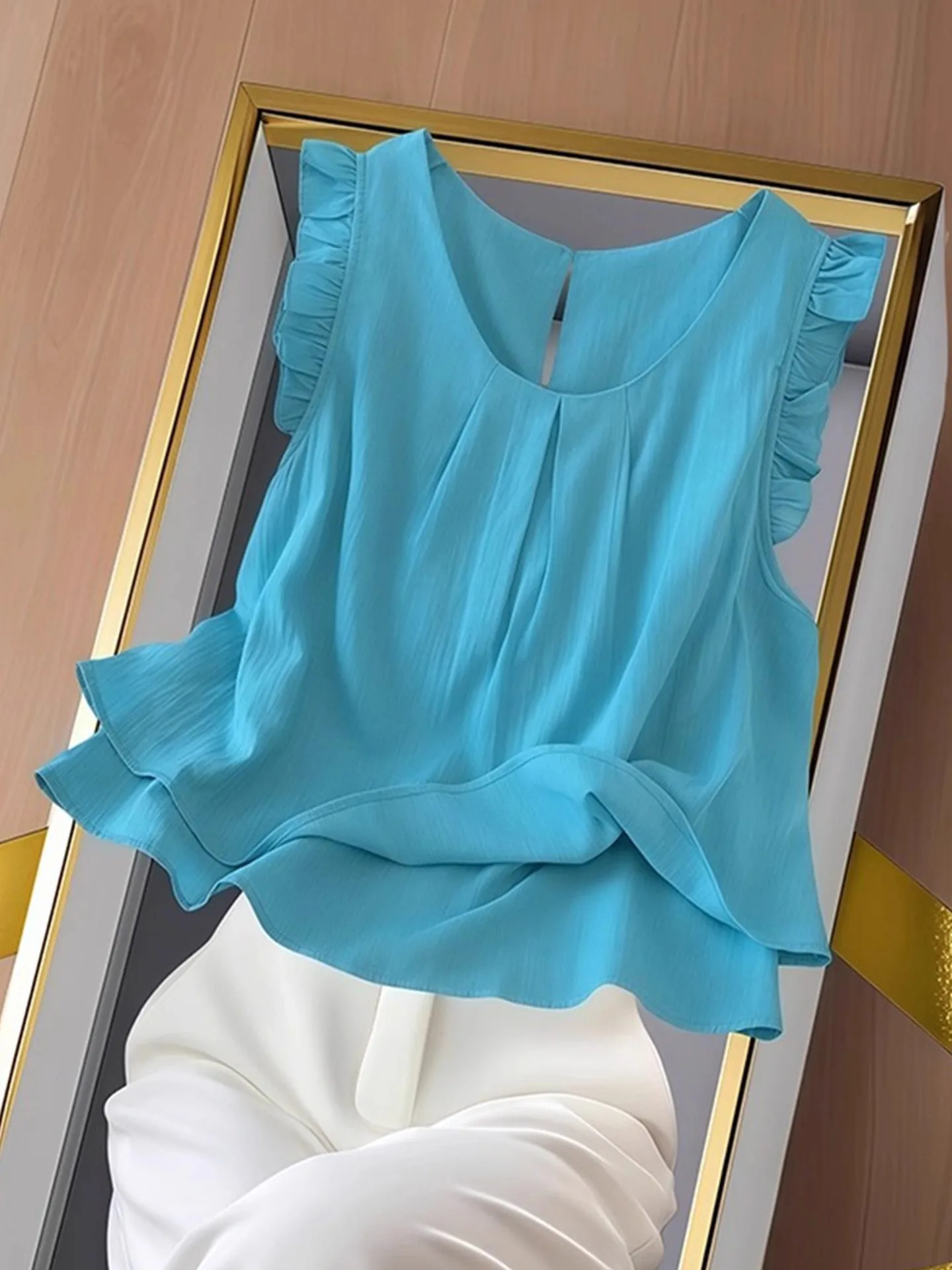 

Летняя блузка с кружевной отделкой и вставками в корейском стиле, шелковый топ с круглым вырезом для молодых женщин в возрасте около двадцати лет