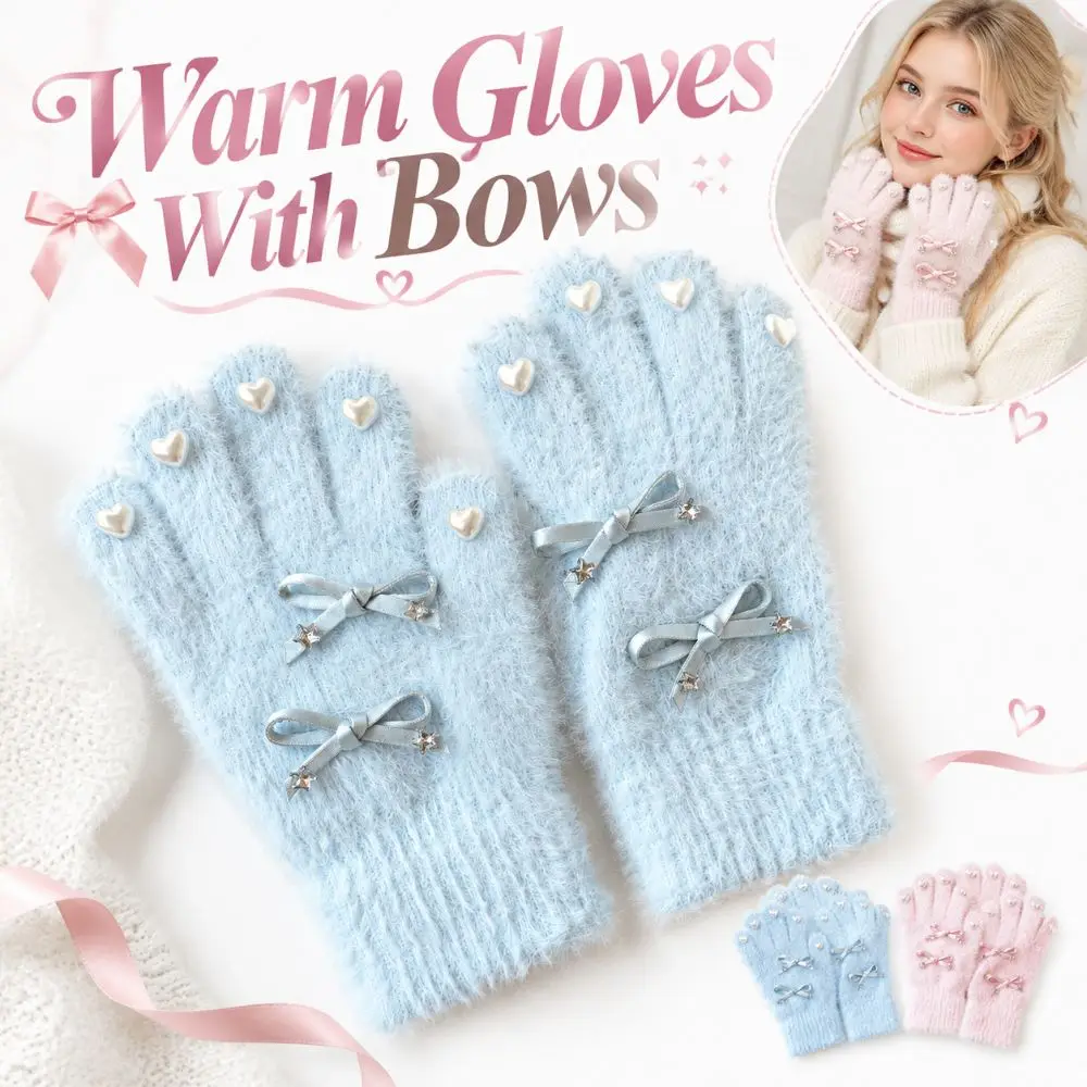 Ins Kawaii Bow Women Winter Knitted Gloves Full Finger Elasticity Warm Gloves Windproof Thickened Knitted Knitting Wool Gloves