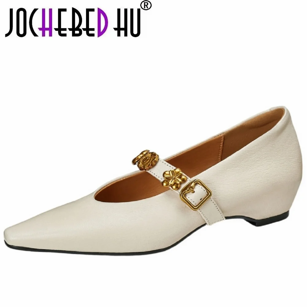 

【JOCHEBED HU】New Handmade Genuine Leather Soft and comfortable Square Toe Medium Heel Vintage Women Footwear Casual Wear 33-42