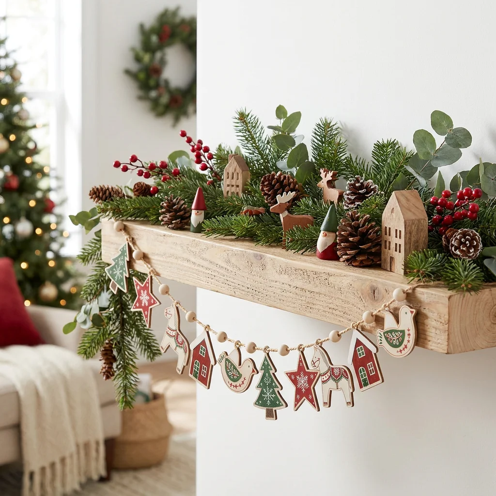Scandinavian Christmas Wooden Garland, Wood Beads Hemp Rope, Tree Star Dala Horse for Fireplace Mantel Wall Xmas Home Decor