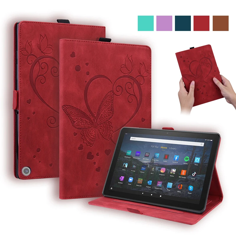 Emboss Butterfly Leather Flip Cover for Amazon Fire HD 10 Case 2021 Wallet Tablet Funda For Fire HD 10 Plus Fire HD 10 2021 Case