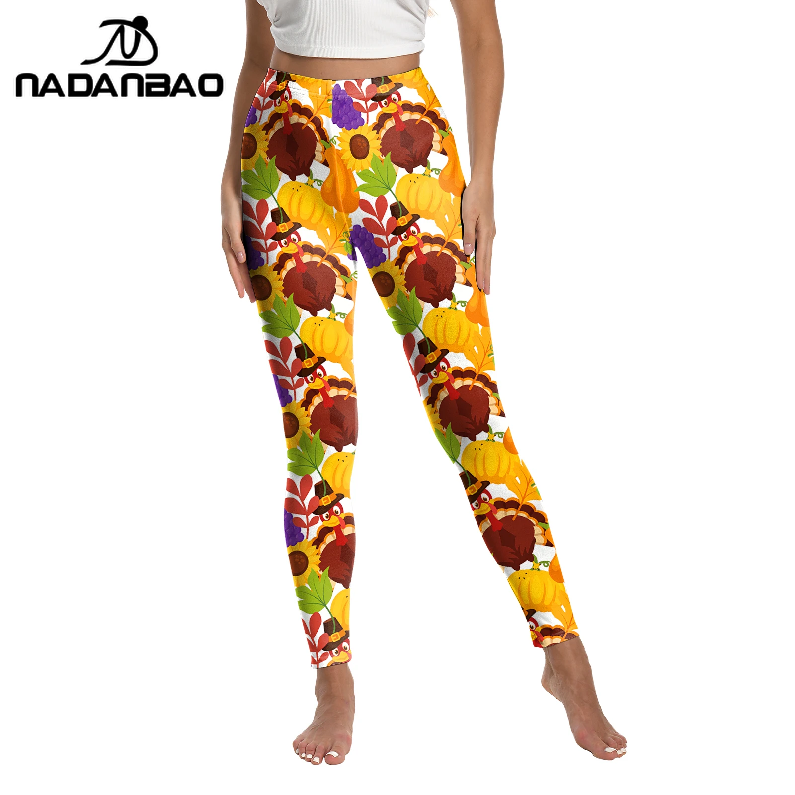 กางเกงเลกกิ้งลายใบเมเปิ้ลตุรกี Nadanbao สำหรับเทศกาลวันขอบคุณพระเจ้า กางเกงพิมพ์ลายสีสันสดใสสำหรับผู้หญิง กางเกงยืดหยุ่นสำหรับออกกำลังกาย ยิม โยคะ