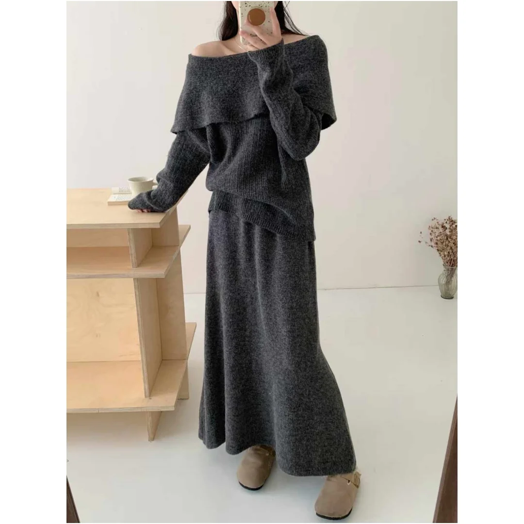 2024 Autumn Winter New Fashion Long Sleeve One-word Shoulder Loose Solid Knitted Sweater Long Skirt Two-piece Sets for Women