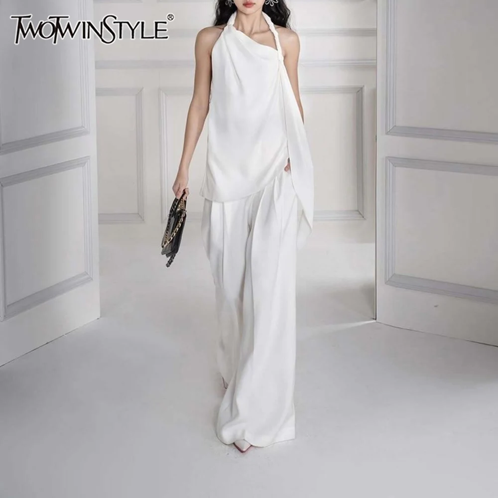 

TWOTWINSTYLE Solid Loose Two Piece Sets for Women Halter Neck Sleeveless Backless Top High Waist Spliced Pockets Pant Set Female