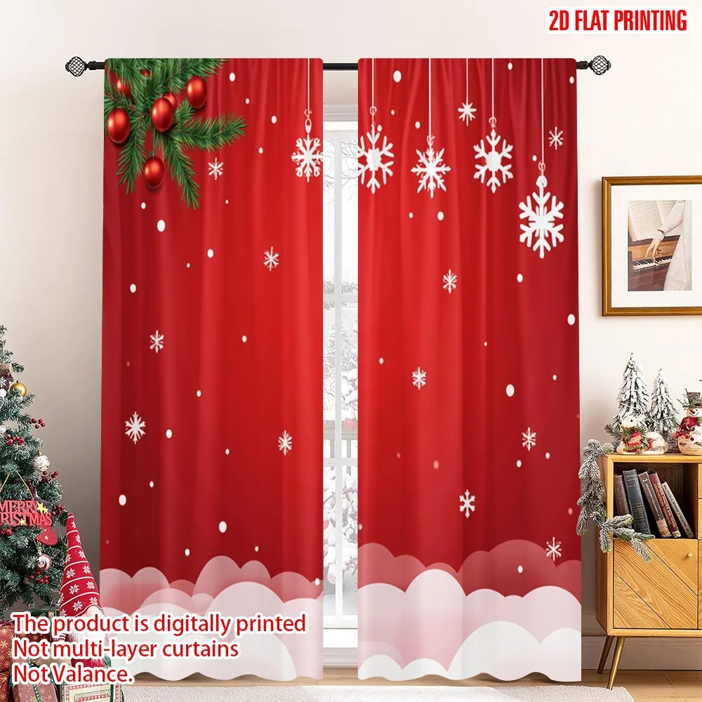 

2pcs 2D flat printing Christmas Scene Curtain Red Snowflakes Christmas Baubles 100% Polyester Without Electricity Holiday