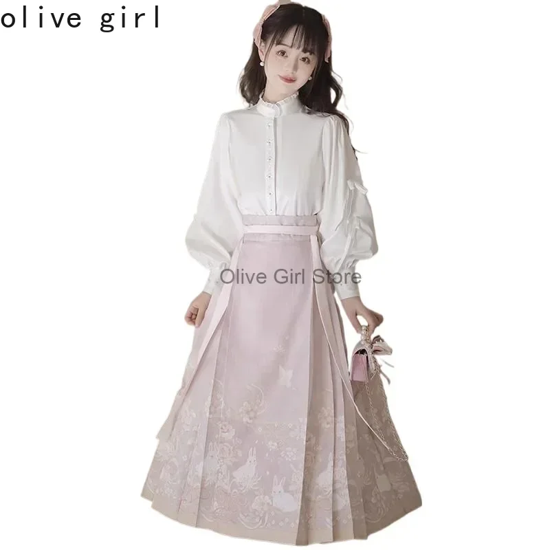 Hanfu Horse-face Skirt Set Cheongsam Floral Long Sleeve Tops and Skirt Chinese Pink Gentleness Women Vintage Dress Sweet Elegant