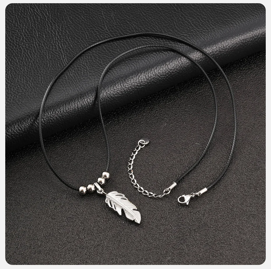 Vnox Edelstahl-Halskette mit Blatt-Anhänger, Boho-Feder-Charm-Kette, Schmuck für Männer und Frauen, silberfarben, verstellbarer Kragen, Geschenke – Detail 6