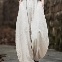 Elegant Women's Cotton Linen Baggy Cargo y2k Pants Vintage Elastic Waist Trousers Loose Casual Long Wide Leg Oversize Clothes - Image 4