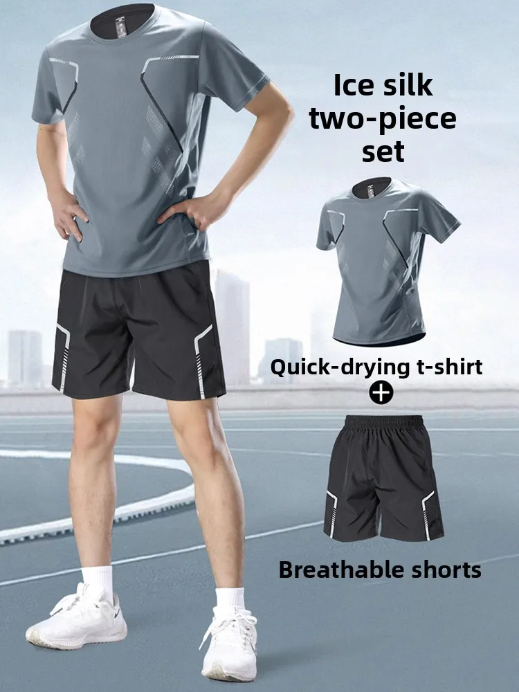 

Спортивный комплект для мужчин: летняя одежда для фитнеса, быстросохнущая футболка для бега, шорты из ледяного шелка для тренировок