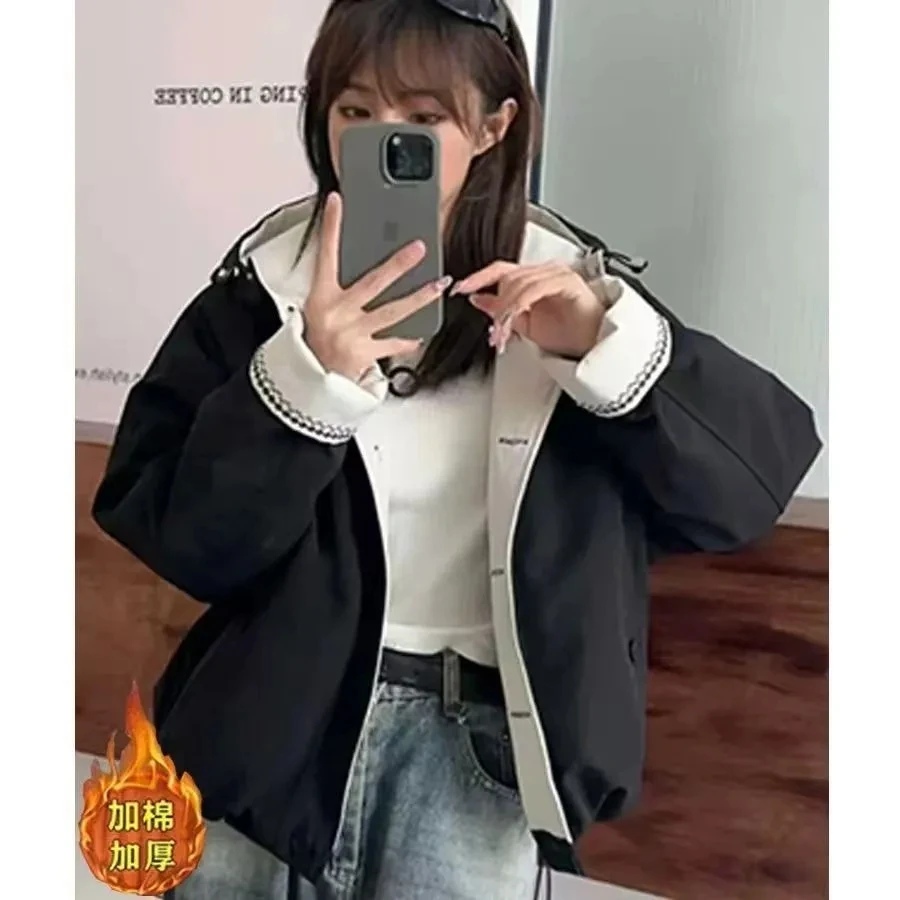 Vintage Double Sided Wear Jackets Women Autumn Winter Harajuku Streetwear Casual Coat Korean Hooded Thicken Baseball Uniform