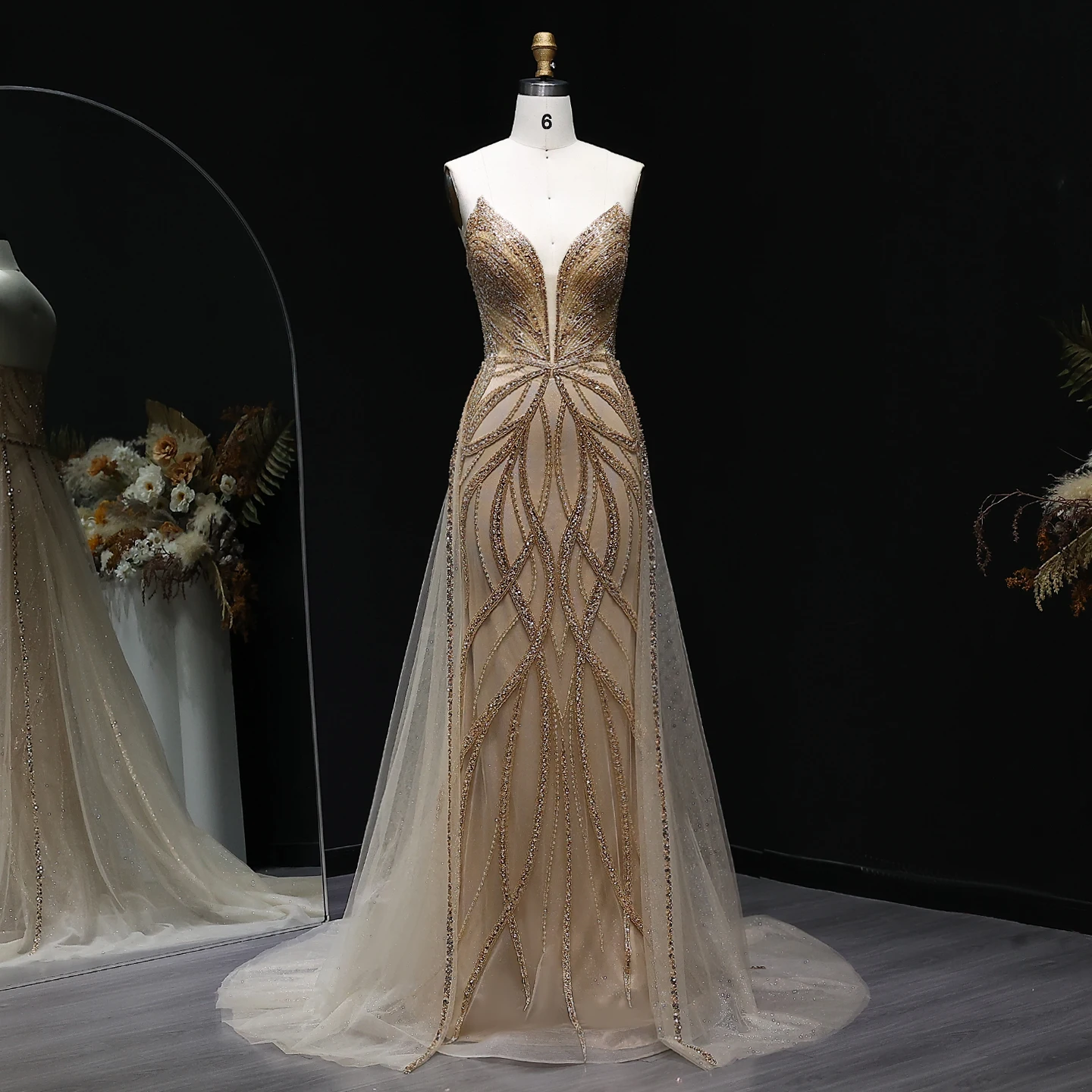 

Sharon Said Luxury Champagne Strapless Mermaid Evening Dress with Overskirt for Women Wedding Party Prom Gown SS068 Customized