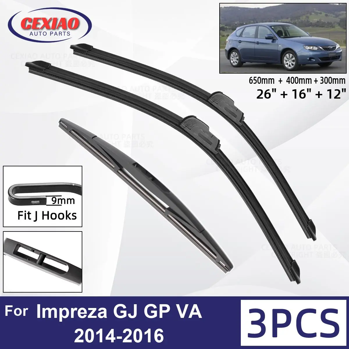 

For Subaru Impreza GJ GP VA 2014 2015 2016 Car Front Rear Wiper Blades Soft Rubber Windscreen Wipers Auto Windshield 26"+16"+12"