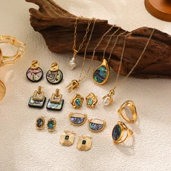 Delicate Natural Abalone Shell Small Hoop Earrings for Women Rotatable Shell Rings Cross Pearl Jellyfish Pendant Necklace Choker