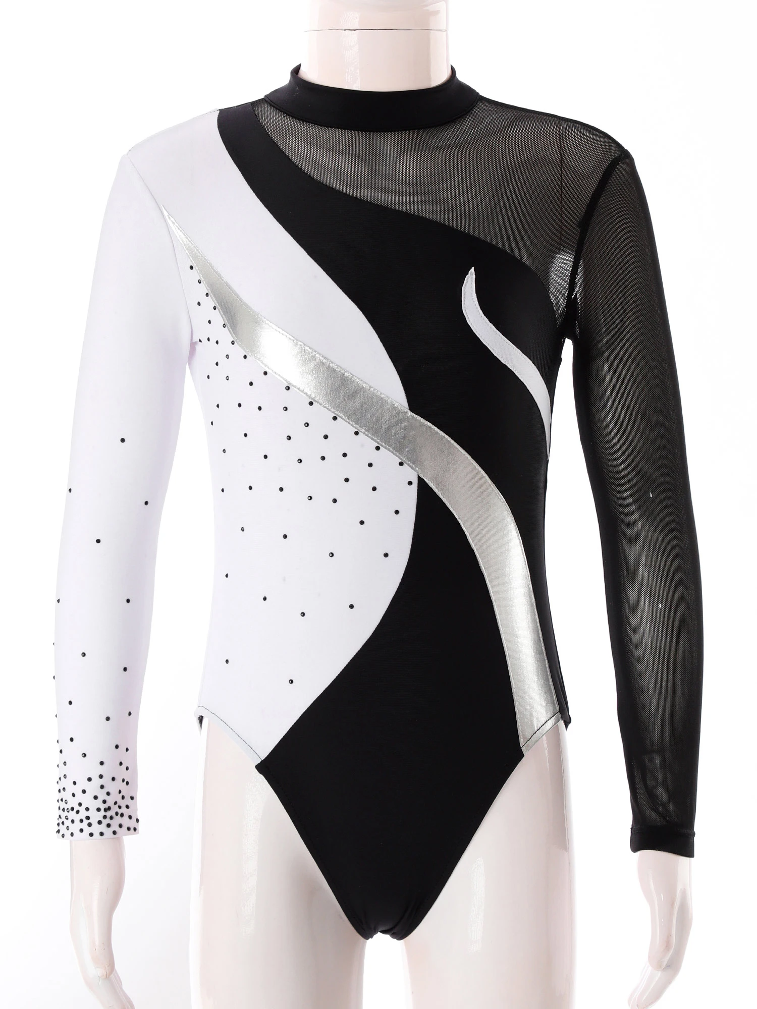 Girls Long Sleeve Ballet Dance Leotard Shiny Rhinestone Sheer Mesh Gymnastics Bodysuit Figure Skating Stage Performance Costume