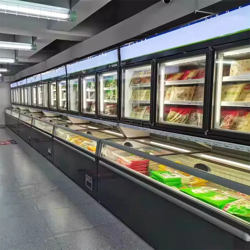 تخصيص سوبر ماركت المحمول تعزيز خزانة جزيرة المكونات في عرض الثلاجة المبرد نظام الصف التجاري
