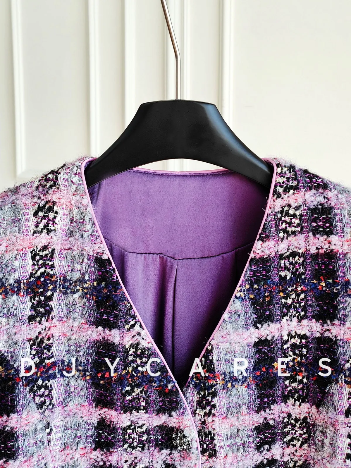 New Elegant temperament plaid V-neck short purple woolen jacket top big size