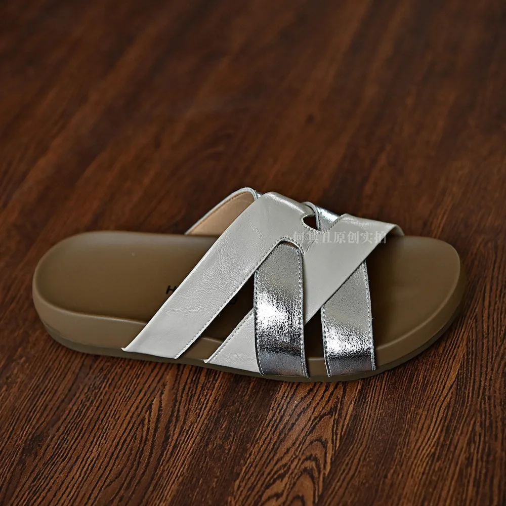 Women Silver White Genuine Leather Slide Sandals Cross Straps Colorblock Thick Sole Open Toe Summer Slippers