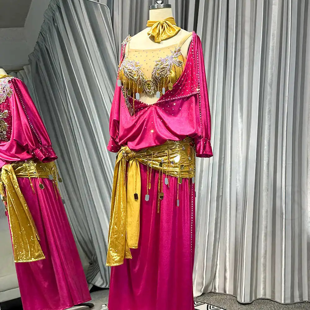 

Одежда для танца живота по индивидуальному заказу, костюм для настольного выступления, женский бюстгальтер с бриллиантами, длинная юбка с блестками, костюм для восточного танца