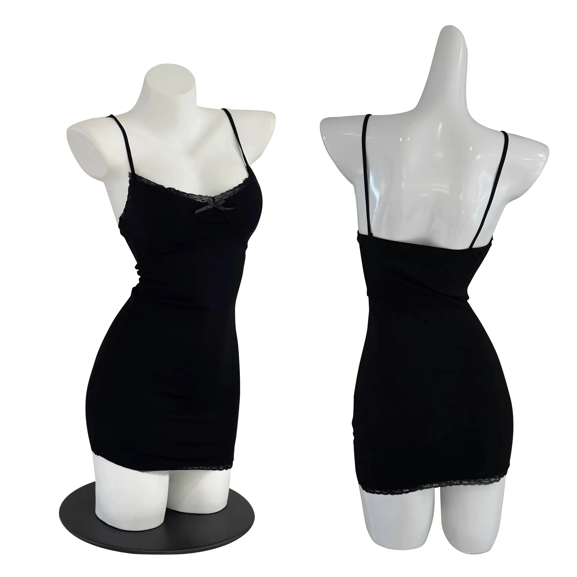 

Girls Solid Color Sheath Dress Cute Bow Sexy Lace Chest Pad Suspender Basic Dress Sleeveless Slimming Nightgown