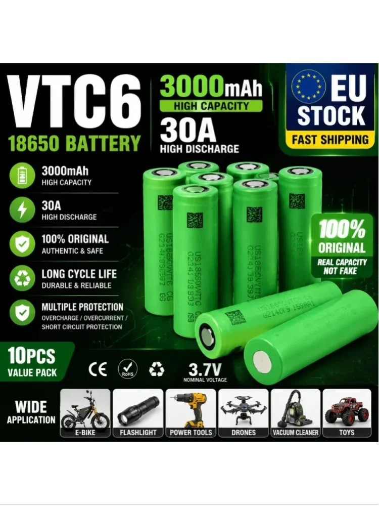 EU-Lager Schneller Lokaler Versand 18650 VTC6 Lithium-Ionen-Akku 3,7V 3000mAh Sicher Langlebig Hochleistungs-Zelle für LED-Taschenlampen Tragbare Beleuchtungsgeräte
