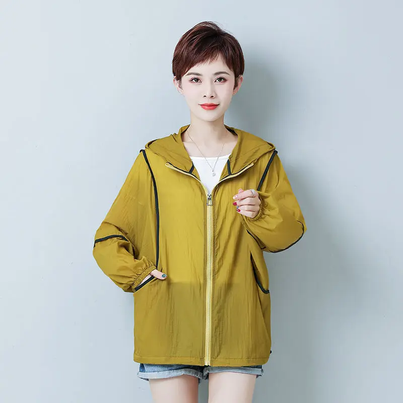 

Women Hooded Jackets Summer Sun-proof Zipper Coats Thin Loose See Through Outerwear Breathable Lightweight Clothes Yellow A245