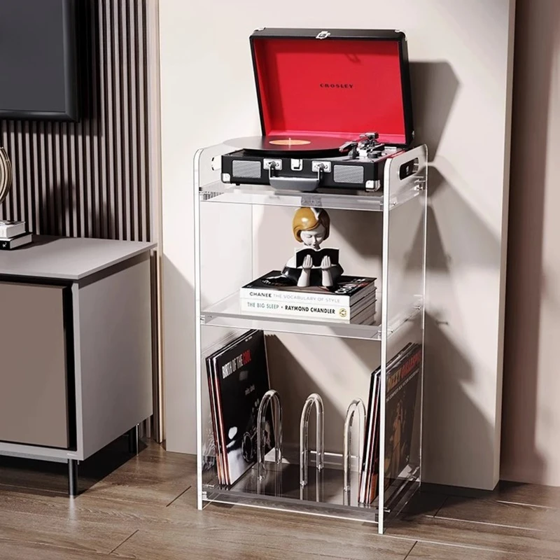 ‌Vintage Acrylic Record Storage Cabinet - CD Player Stand with Bookshelf, Retro Media Console for Turntable & Speakers