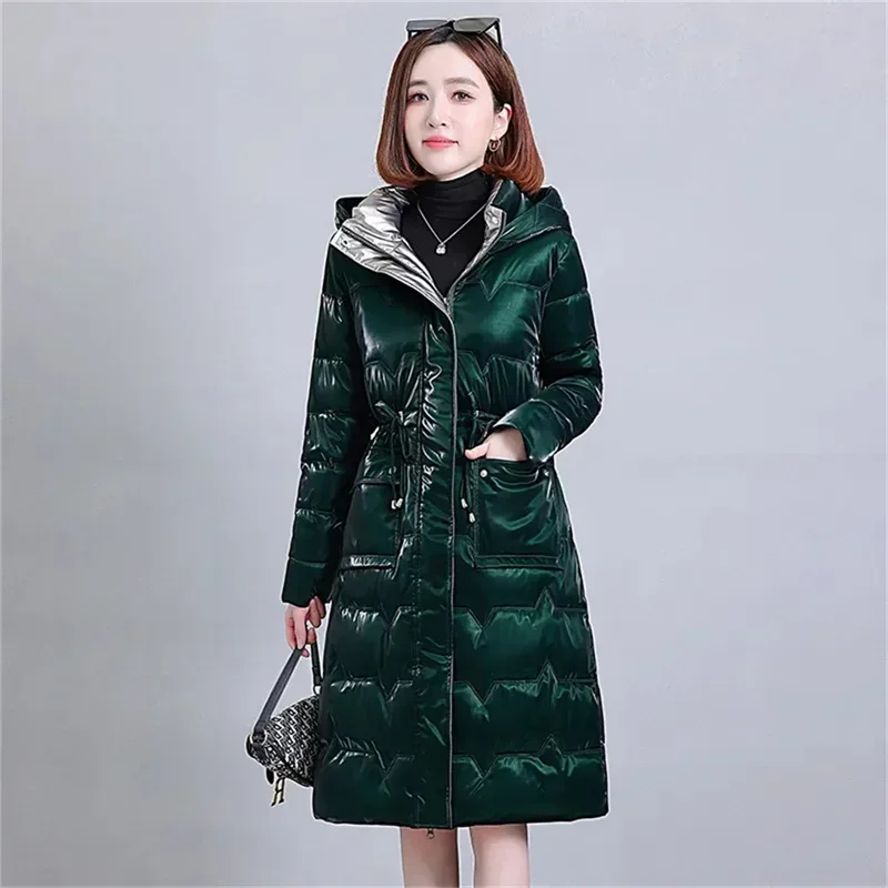 

Thick Women's Windproof Long Mother's Down Cotton Coat Women's 2023 Winter Fashion Warm Slim Waist Wrapped Parka Hooded Lace-Up