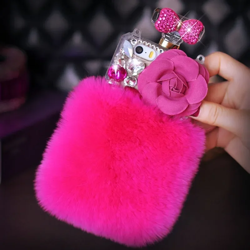 

Luxury Bling Rhinestone Gem Rose Fluffy Soft Rabbit Hair Fur Plush Case Cover for iPhone16Plus, 15, 14, 11, 12, 13 Pro, X, XS