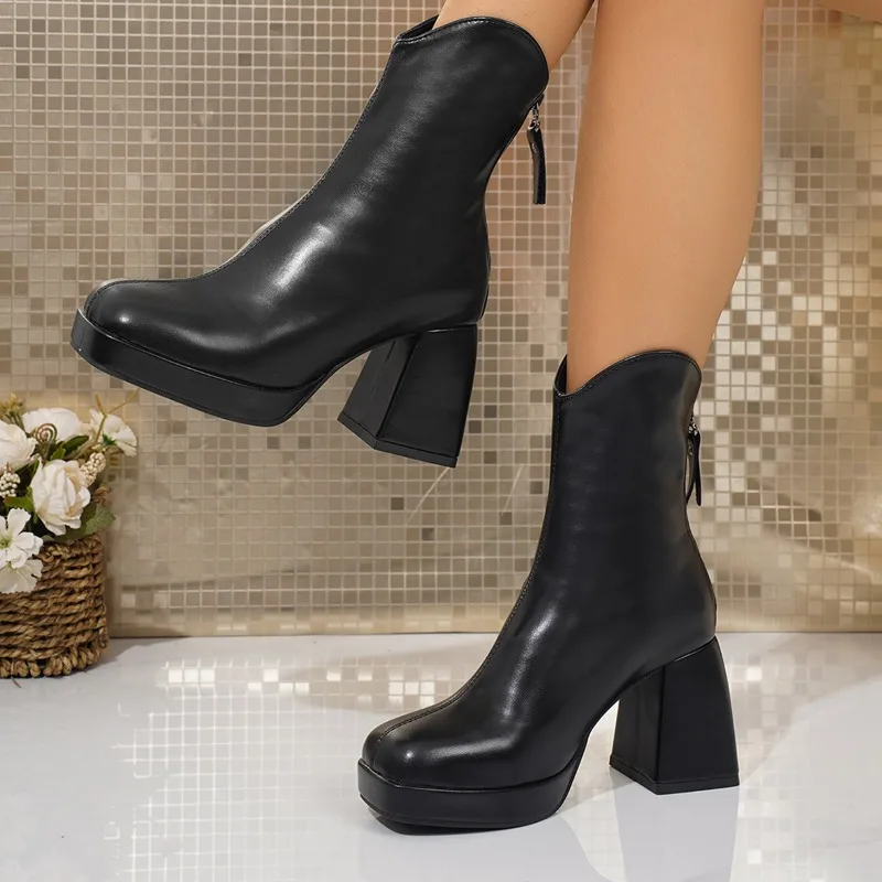 

2025 New Casual and Comfortable Platform High Heel Boots Autumn Winter New Square Toe Block Heel Back Zipper Non-Slip Boots