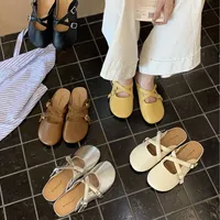 French Style Silver Slip-On Flat Bottom Mary Jane Sandals Women's Outdoor Wear Spring Autumn Ankle Cover Pure Color Slippers