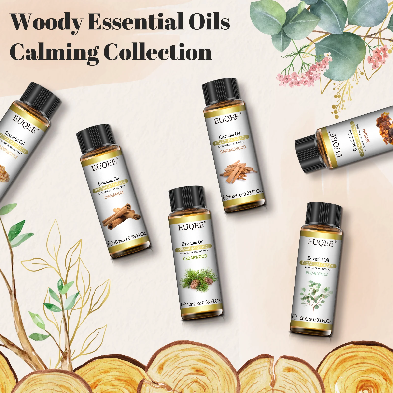 EUQEE Woody Essential Oils Set for Aromatherapy Diffuser-10ml Eucalyptus, Cedarwood, Sandalwood, Frankincense, Cinnamon,Myrrh