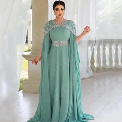 Customized Saudi Arabic Muslim Dress Blue Prom Dresses Short Sleeves Beaded Evening Gowns V Neckline Wedding Party Dresses 2024