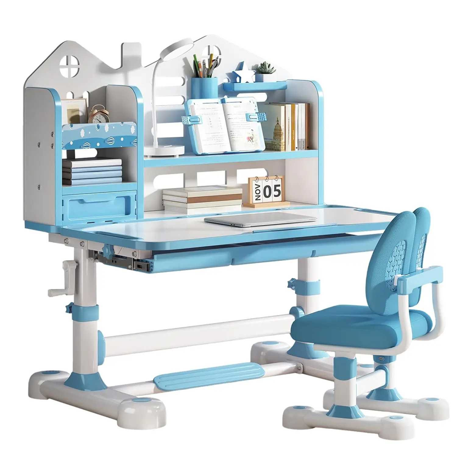

Kids Desk and Chair Set, Adjustable Study Table with Tiltable Desktop & Storage Drawer, Ergonomic Desk for Boys and Girls (Blue)