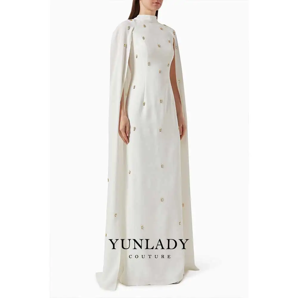 YUNLAN Beige Saudi Arabia Cape Sleeve Evening Dress 2024 Luxury Beaded Muslim Ladies Wedding Guest Formal Party Shawl Dress