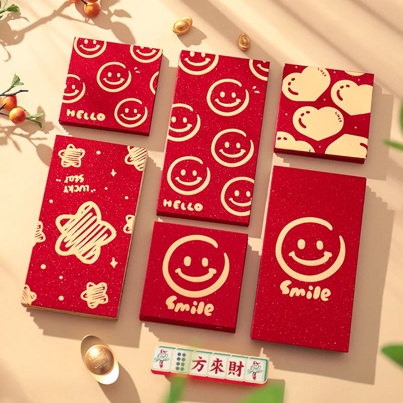 6Pcs Square Rectangle 2025 Chinese New Year Red Envelope Stamp Design Shining Spring Festival Red Pocket Hot Stamping Cute Smile
