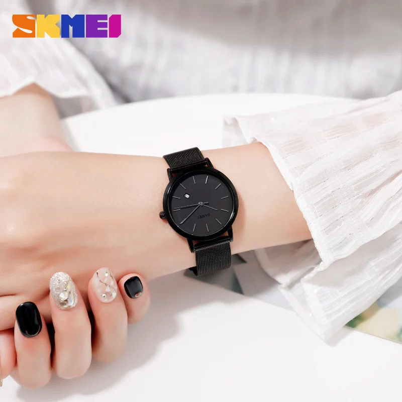 SKMEI في الهواء الطلق حركة الكوارتز ساعات المعصم سيدة الطلب الصغير عادية الفولاذ المقاوم للصدأ قطاع التقويم النساء الساعات Relogio Feminino