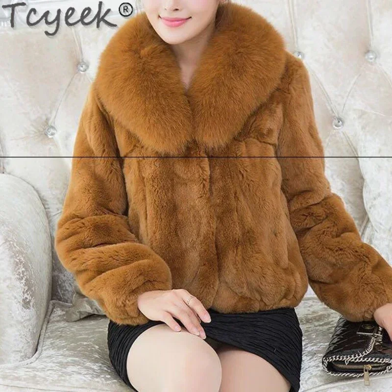 

2022 Real Fur Coat Women Short Winter Rex Rabbit Jacket for Women Elegent Ladies Korean Fox Fur Collar Women’s Fur Jacket FC