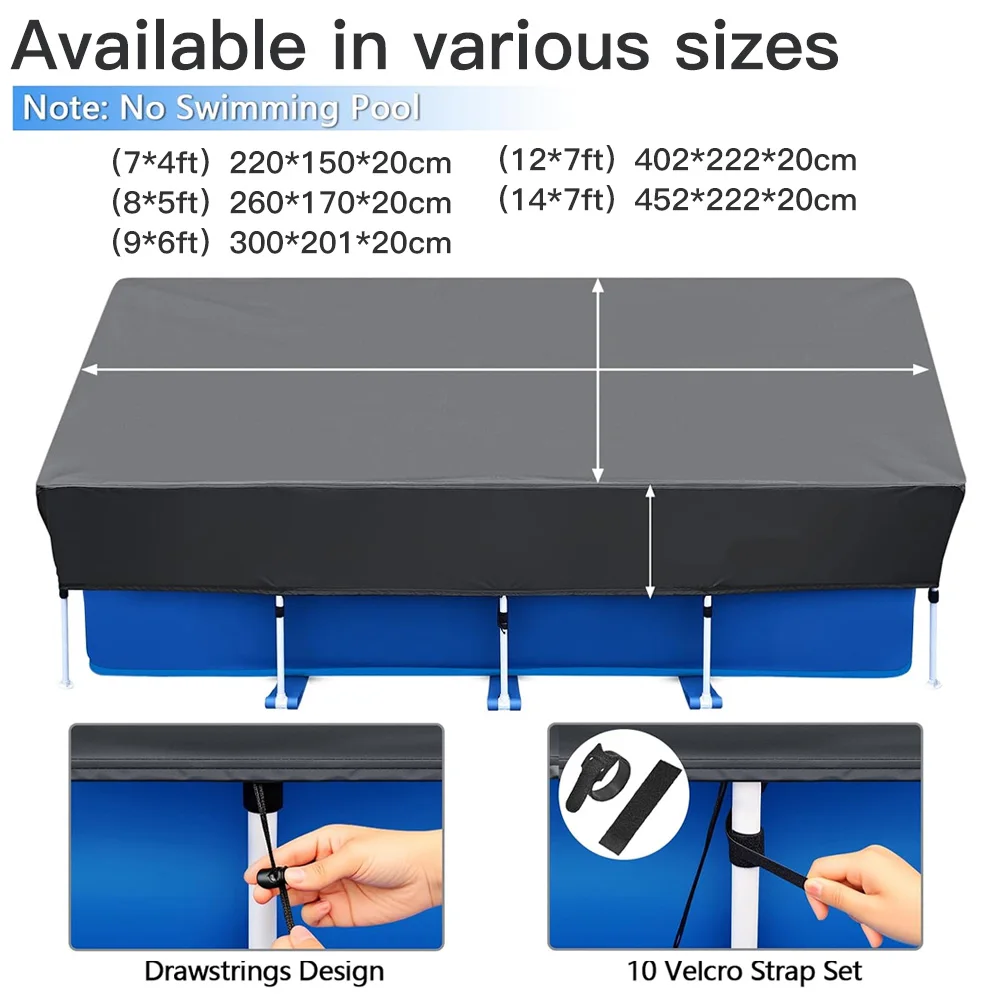 Heavy Duty Rectangular Pool Cover Waterproof 210D Oxford Cloth Above Ground Frame Swimming Pool Cover with Drawstring & Straps,
