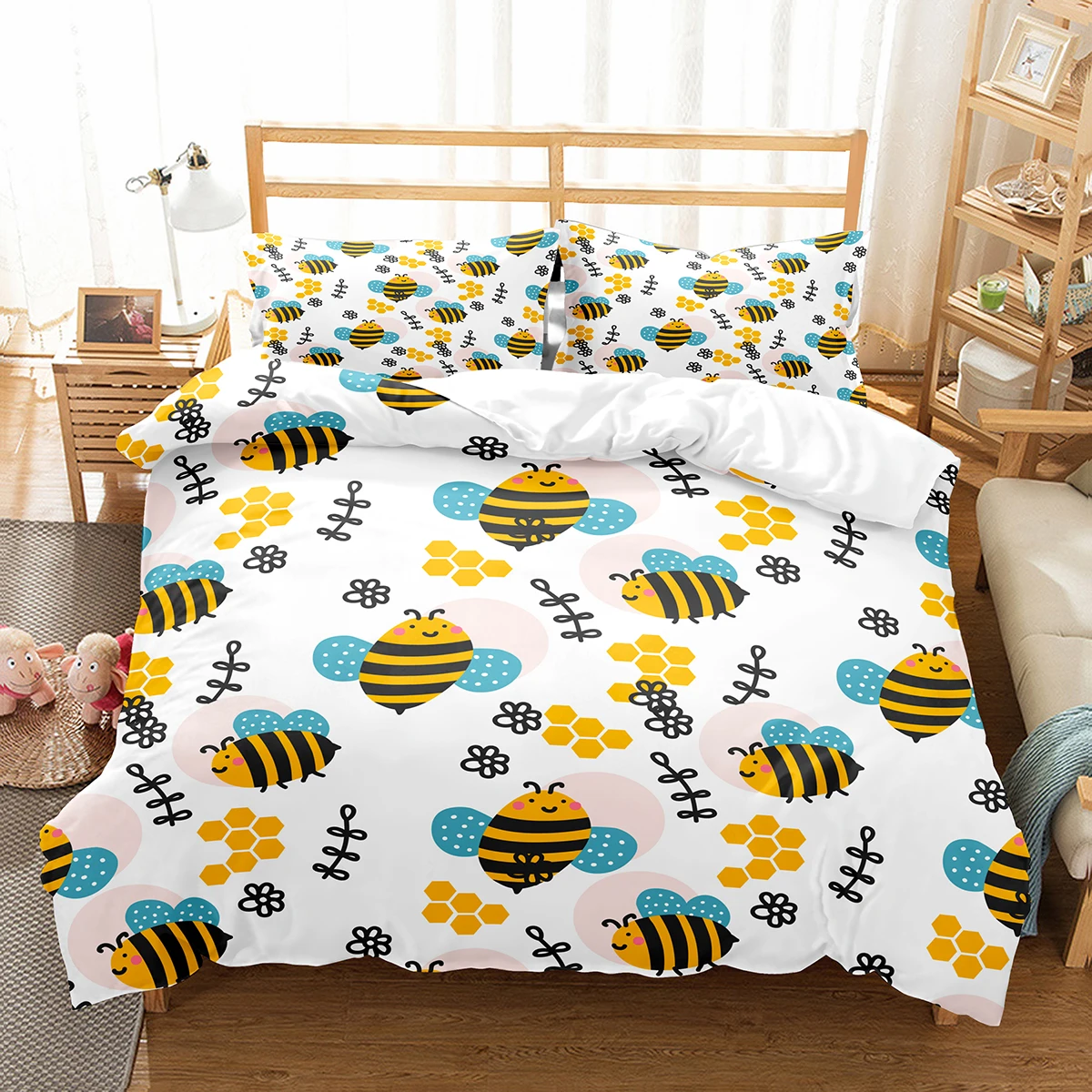 

Yellow Bee Duvet Cover Set Cartoon Wild Animals Pattern Quilt Cover With Pillowcase Lightweight Soft Gift King Queen Full Size