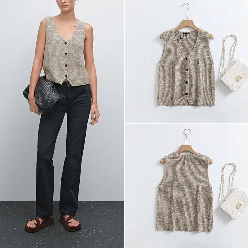 

Жилеты Жилеты Тонкий женский жилет Оранжевый Летний вязаный на шнуровке Укороченный Милый Ulzzang Девичий Милый Современный Без рукавов