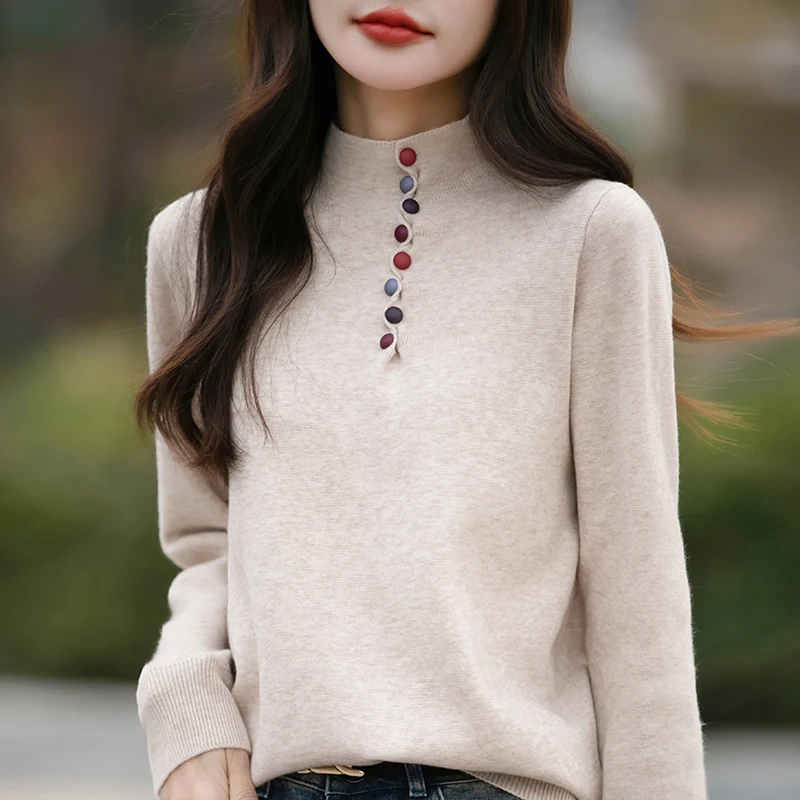 

Wool Sweater Women's Autumn Winter Warm Knit Pullover Solid Color Fashion Half High Collar Knitted Jumper Loose Casual Sweater