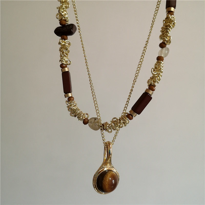 Vintage Leder braun Stein Sonne Anhänger Perlen Halsband Schlüsselbein Kette Halskette für Frauen einzigartige Y2K personalisierte Grunge Schmuck