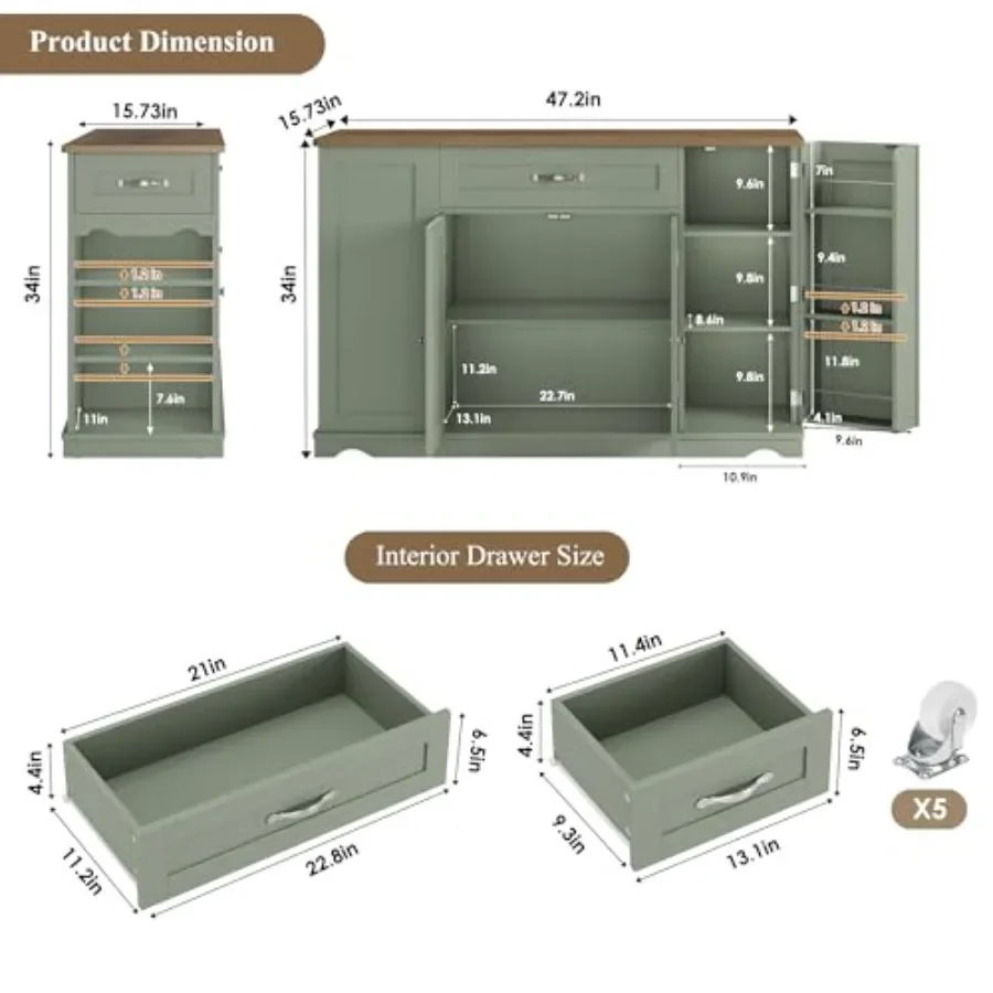 47 W Kitchen Island Cart with Storage, Rolling Island Table, Green, Heavy-Duty Steel Frame, Easy-Roll Casters, Multi-Tier Organ
