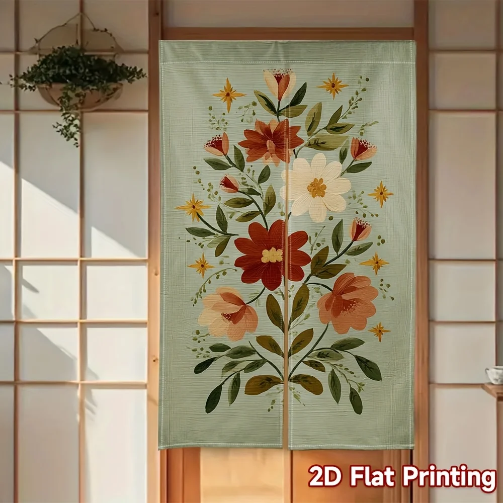 Floral Noren Curtain – Red Roses & Green Leaves, Mint Beige Background, for Kitchen or Living Room Decor