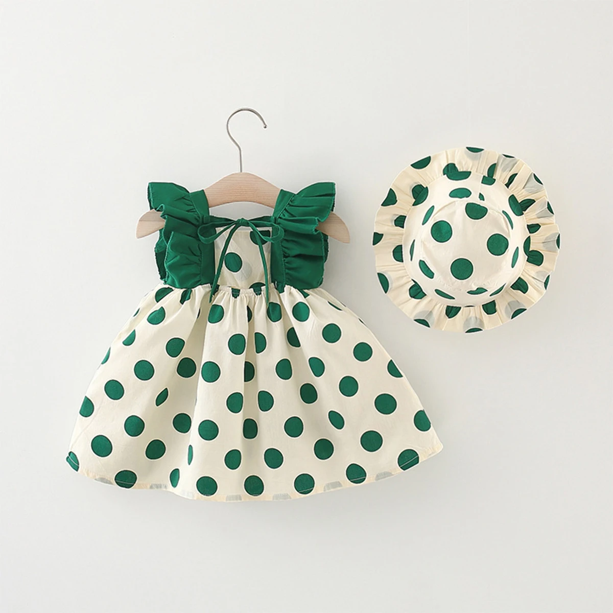 2-Piece Summer Baby Girl Cotton Dress And Hat With Hollowed Out Lace Polka Dot Sleeveless Korean Version Baby Dress