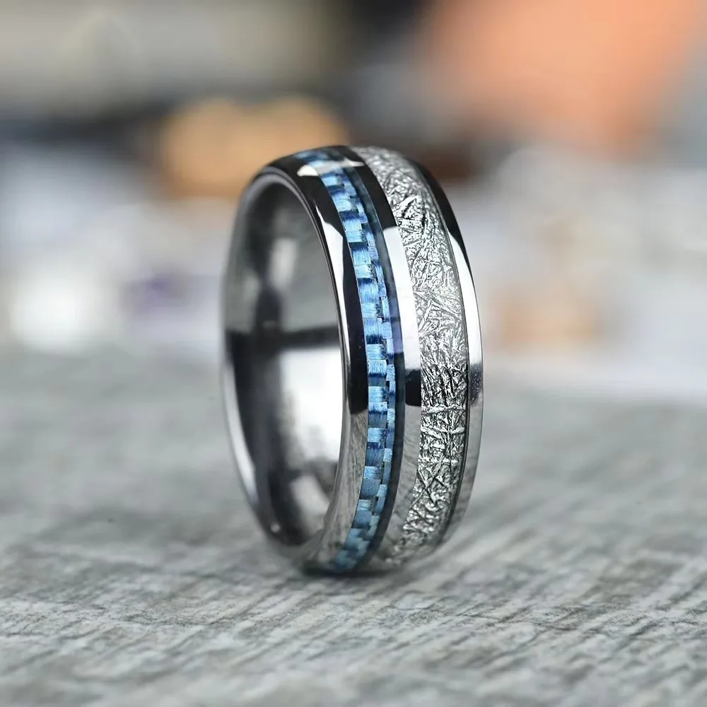 Fashion 8mm Vintage Meteorites and Blue Carbon Fiber Rings Men Silver Color Stainless Steel Ring for Men Wedding Band Jewelry