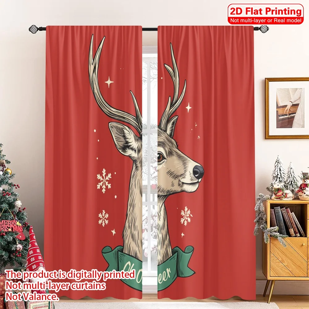 

2pcs 2D flat printing Merry Christmas Scene Curtains Oh Oh Deer Christmas Snowflakes Fabric Without Electricity 0 Use for Home