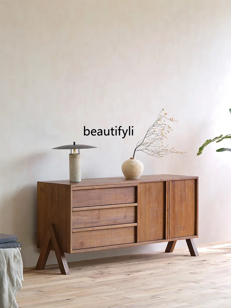 Teak three-bucket cabinet solid wood living room entrance cabinet medieval bedroom storage side cabinet